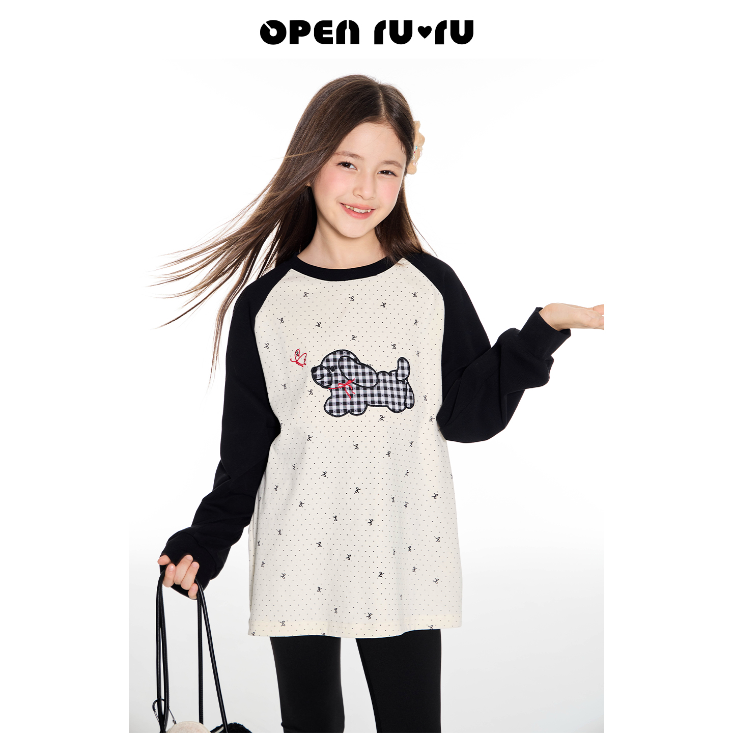 Opennunu女童小狗波点长袖T恤秋季中大童撞色设计感亲肤透气上衣
