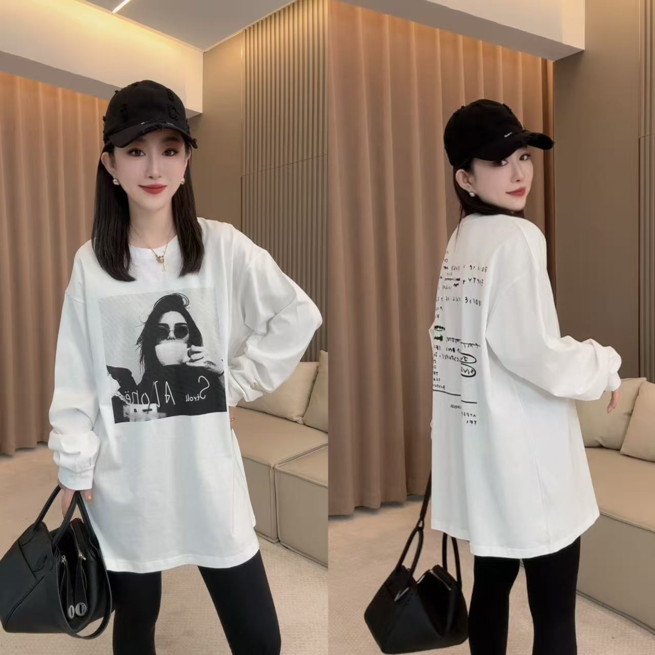  【丽丽家】秋季新款宽松咖啡美女图T恤大衫1299