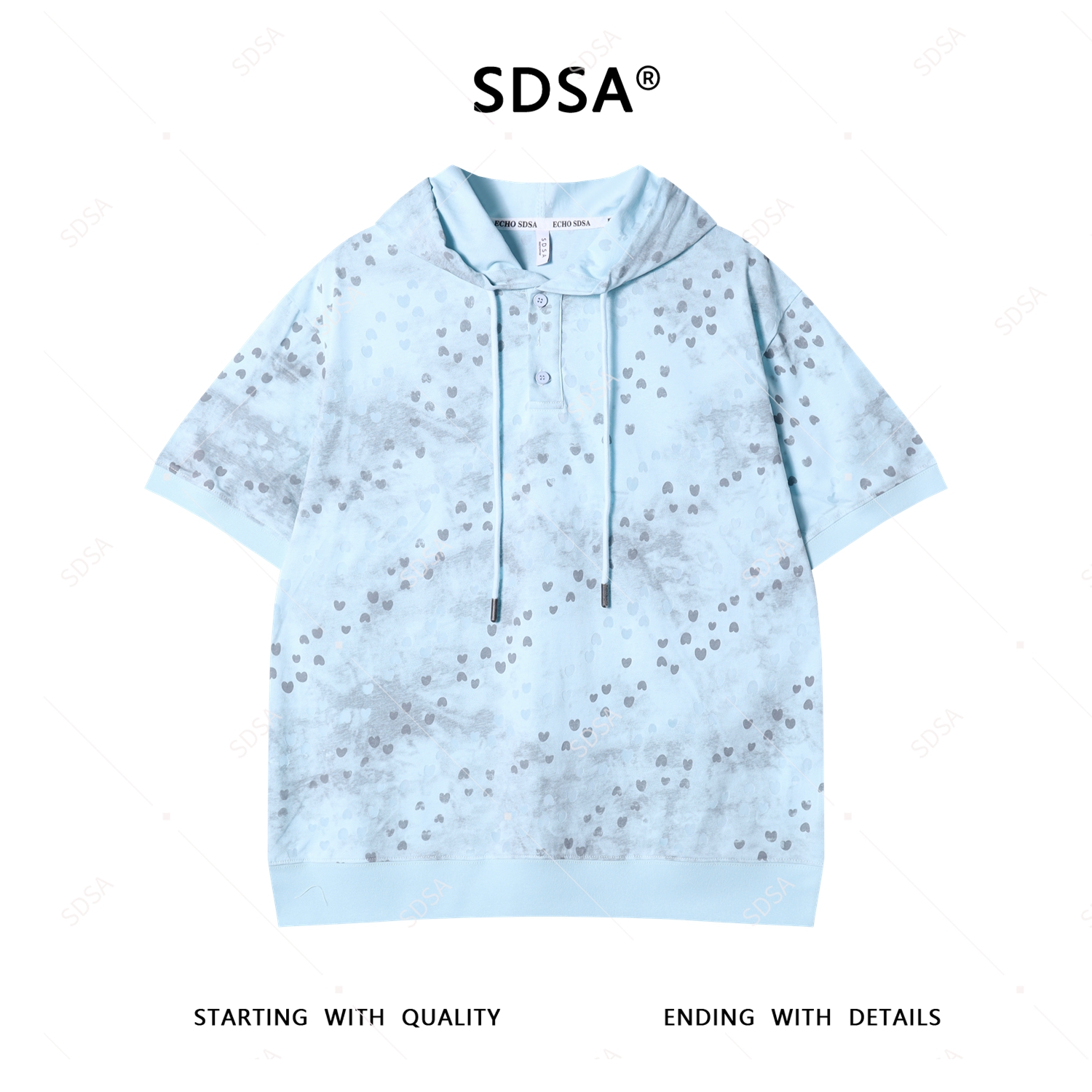 SDSA男士2025新款轻奢痞帅男装撞色爱心印花半纽扣连帽短袖T恤潮