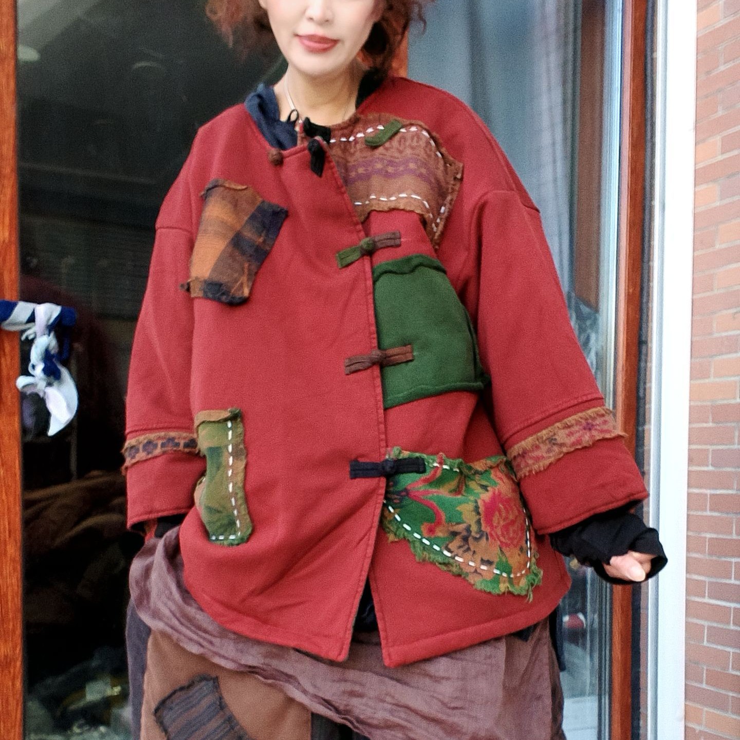 无吊牌旧桔红磨白盘扣对襟补丁棉服，补丁色随机发介意勿拍