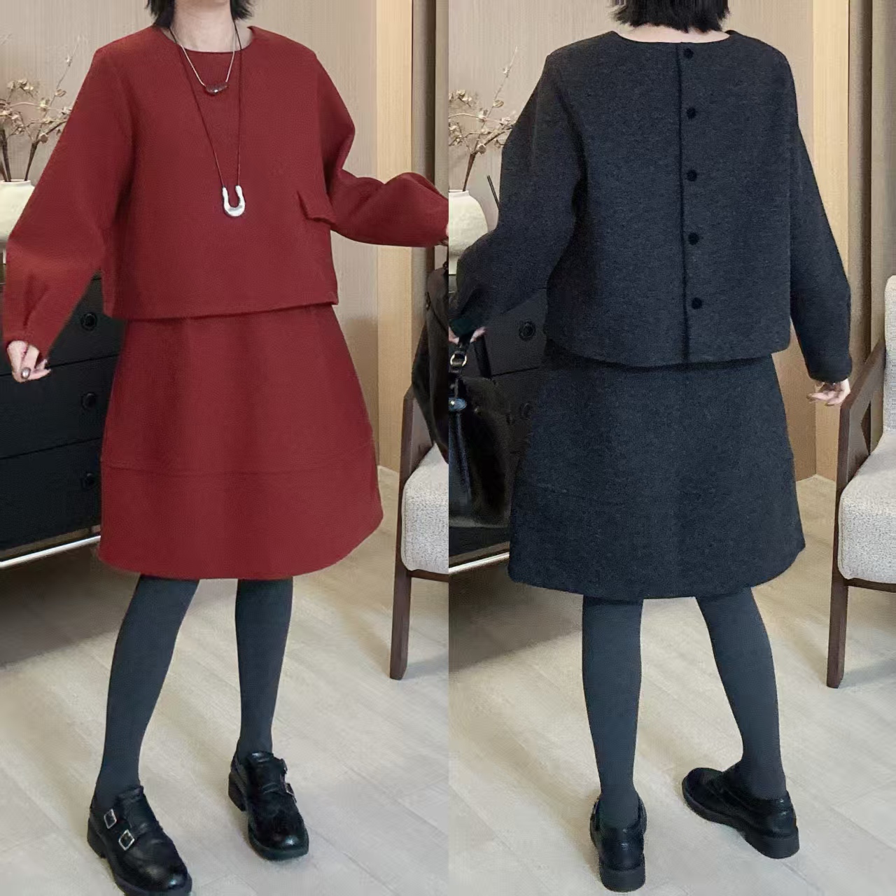 Dayuan  复古圆领后背单排扣卫衣半裙女装休闲两件套511032