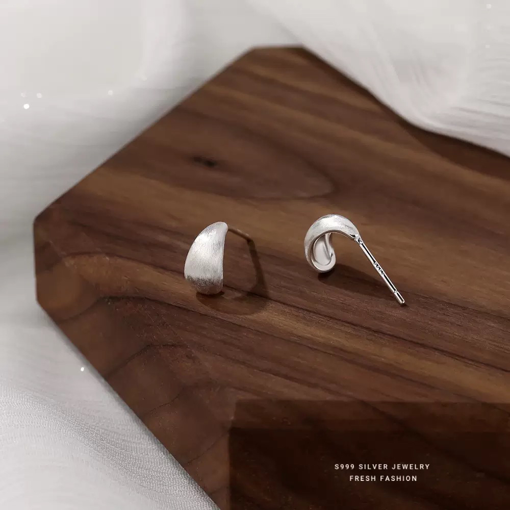 925银耳饰 s999银「拉丝水滴」足银法式简约耳钉冷淡风百搭时尚耳饰