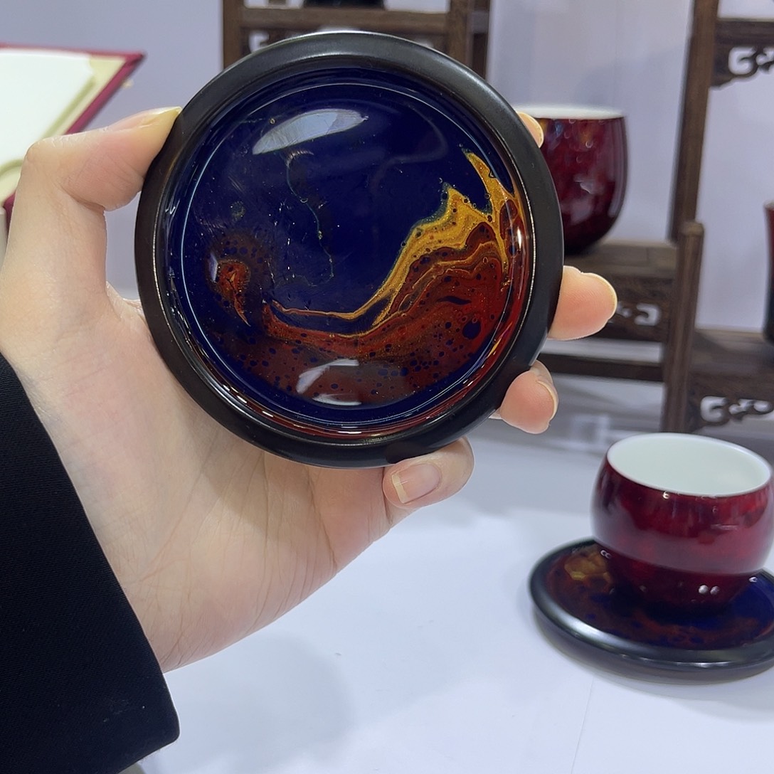 非遗大漆茶杯垫蓝红金