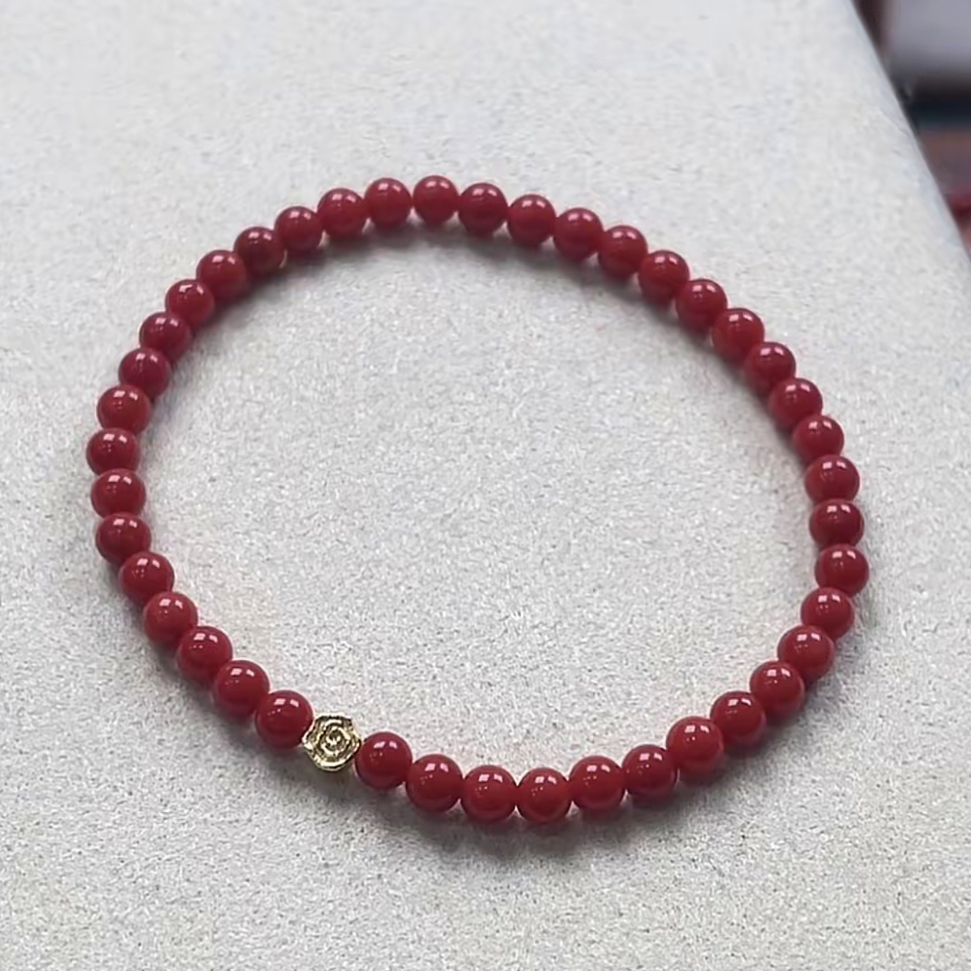 天然红珊瑚科西卡圆珠手链足4mm