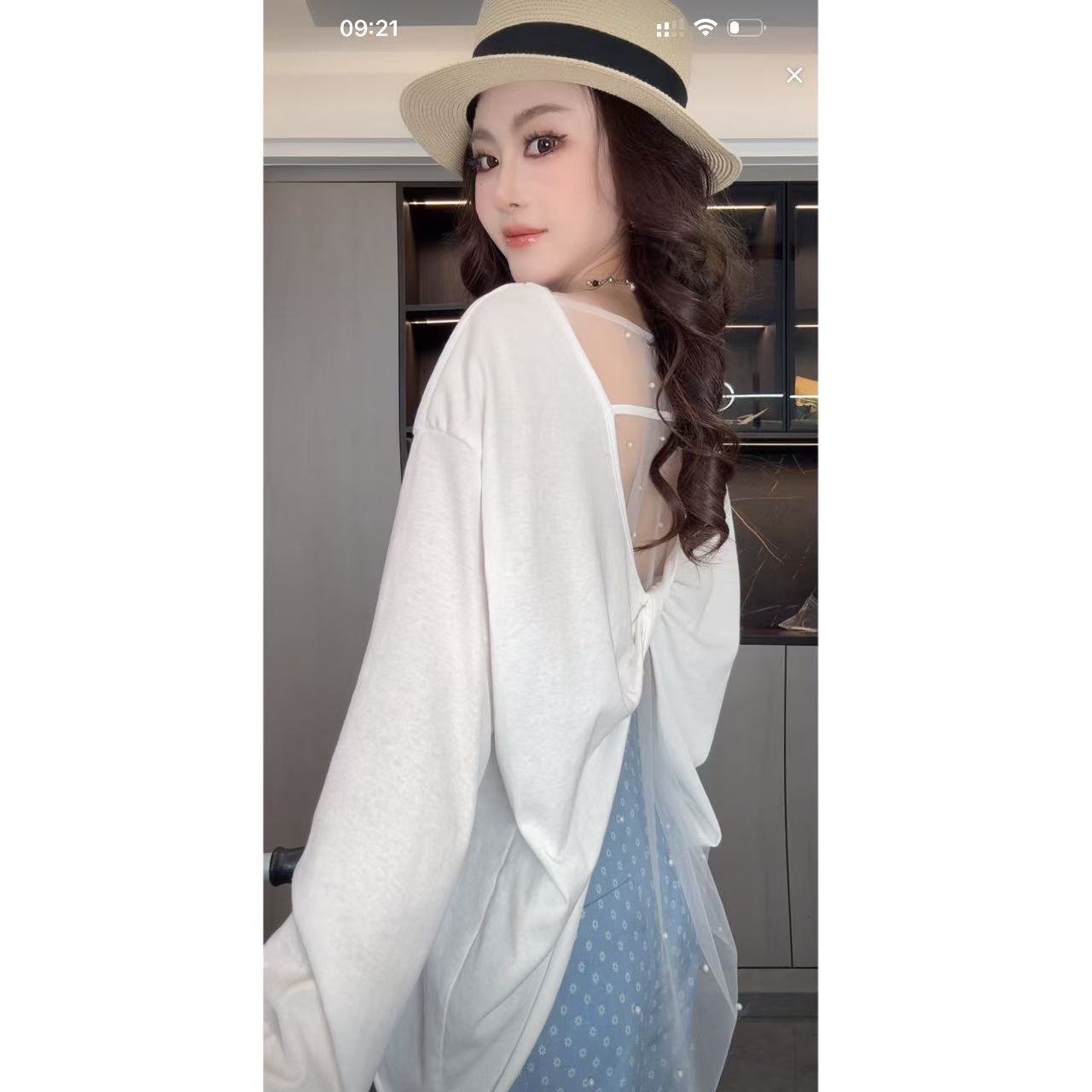 曼曼【氧气恋珠~】韩系后背镂空透视网纱钉珠防晒衣长袖T恤