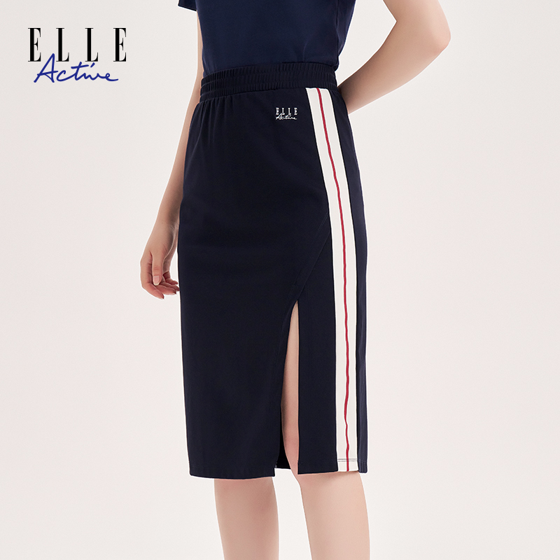 ELLE Active夏季显瘦半身裙设计感高腰女士短裙开叉修身百搭裙子