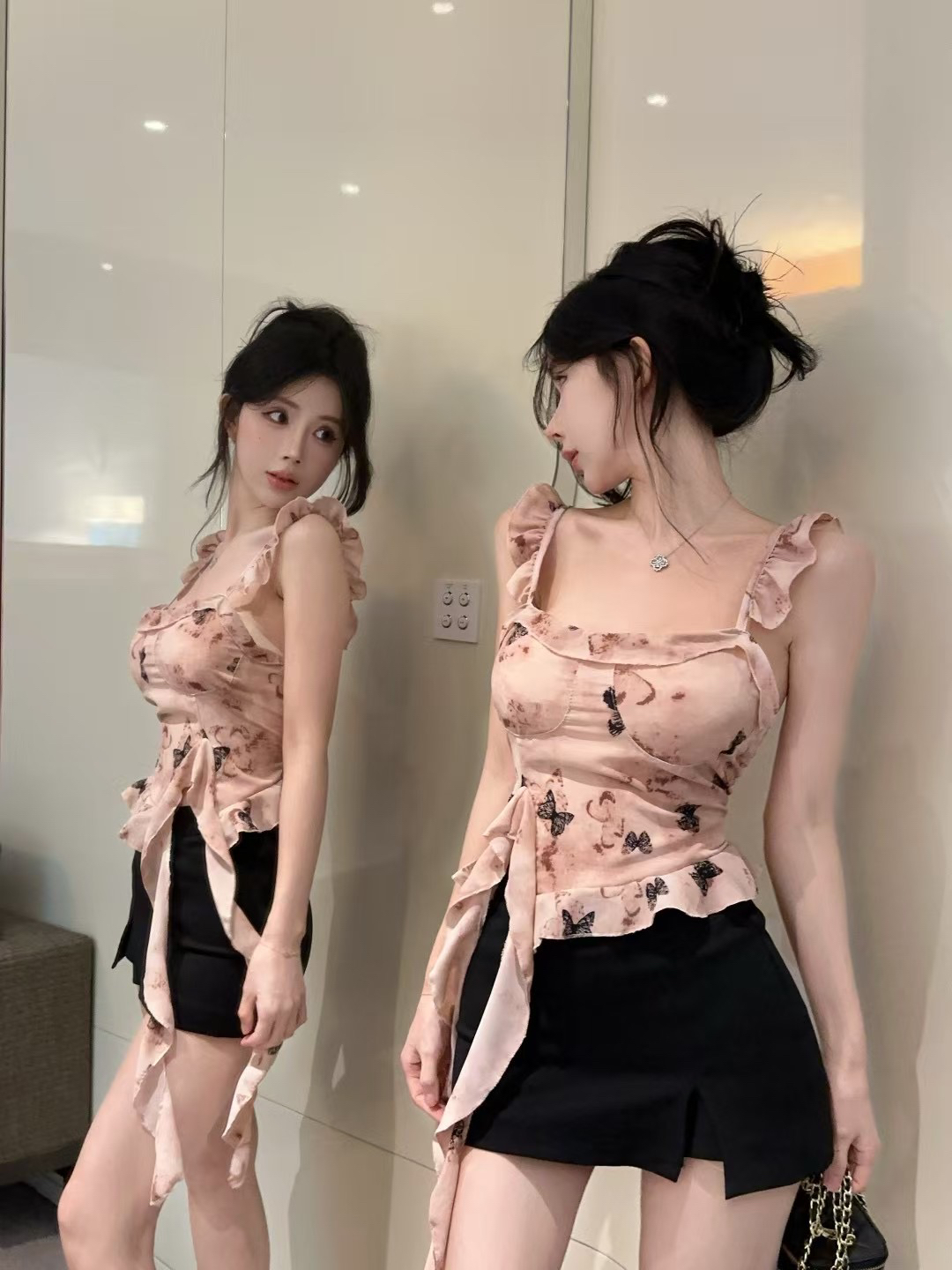 2025新款甜辣妹不规则木耳边吊带背心女夏季蝴蝶印花显瘦无袖上衣