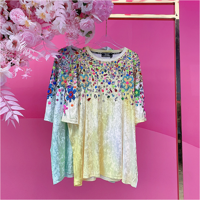 A2577欧美设计师2025夏季新款重工钉钻渐变丝绒宽松短袖休闲T恤女