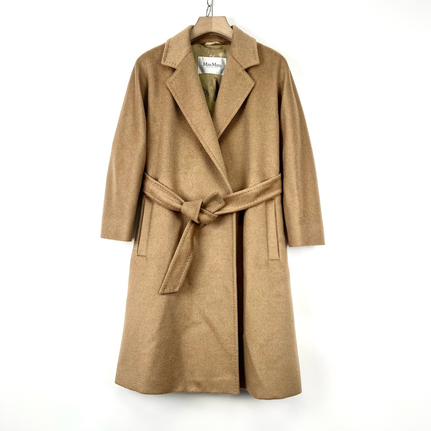 99新 MaxMara 36码/棕色骆驼绒翻领腰带款大衣外套/07259