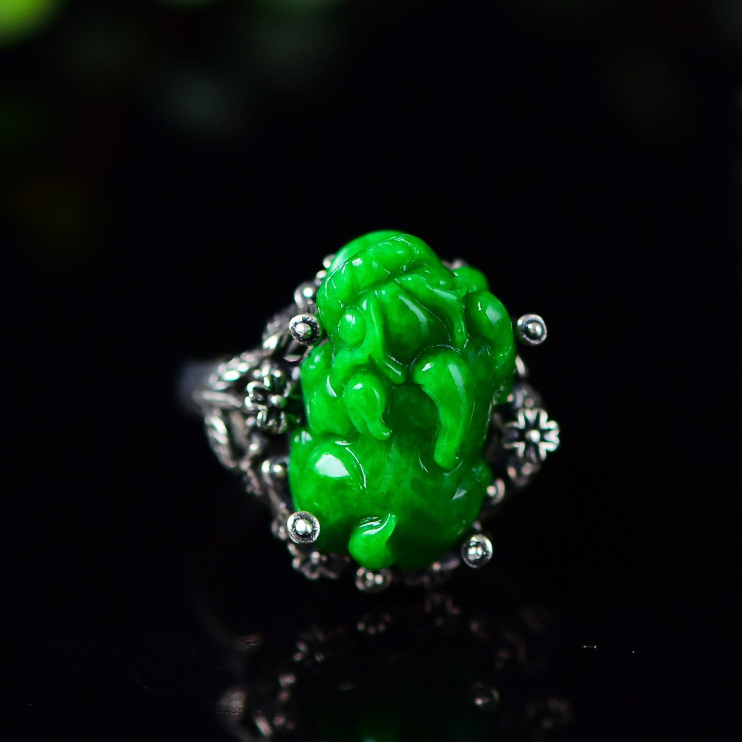 天然A货翡翠戒指花青貔貅戒指925银镶嵌尺寸19*11*10