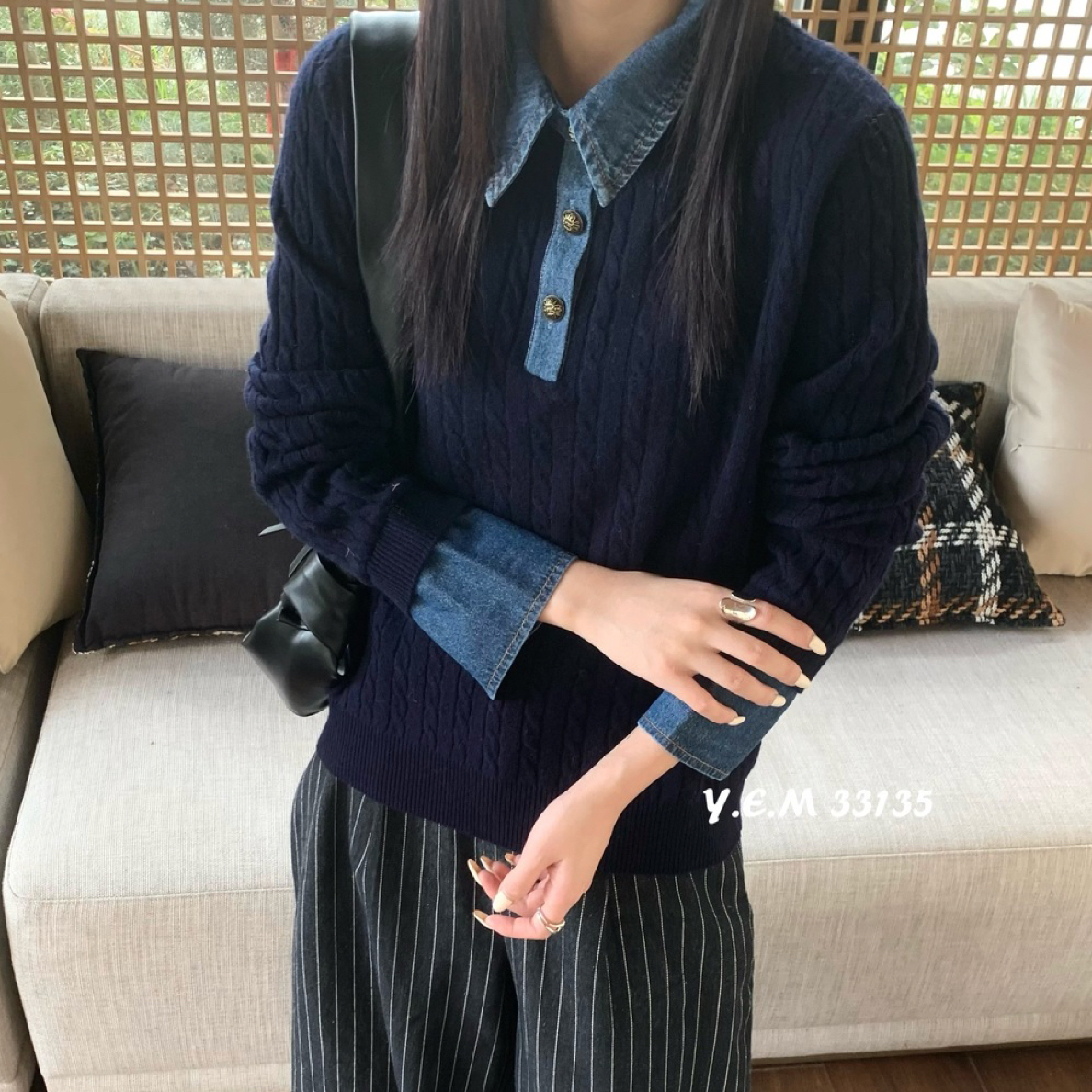 【贝希】33135牛仔衬衣领绞花羊毛衫