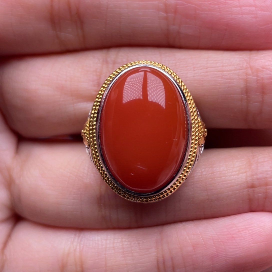 南红玛瑙银S925镶嵌珠宝奇石戒指