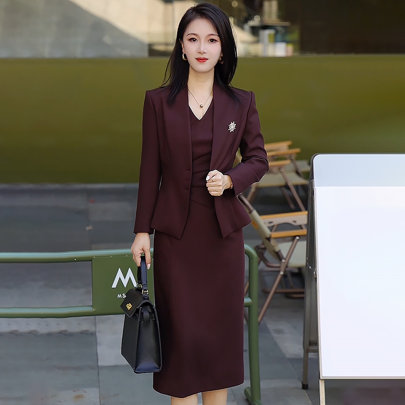 安可拉红西装职业女裙套装职场轻熟风无袖连衣裙两件套显瘦春秋