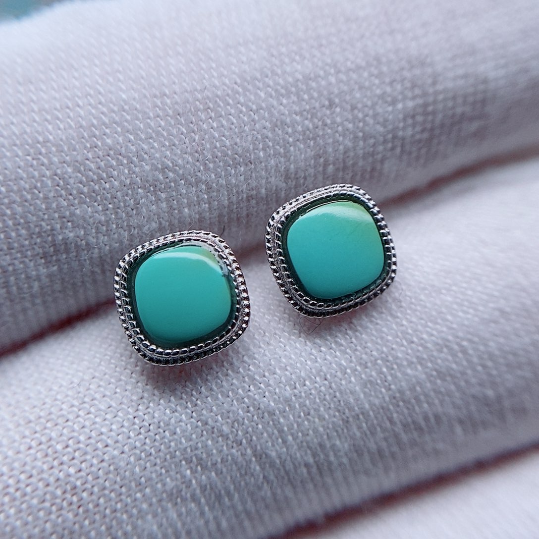 绿松石耳钉银S925镶嵌