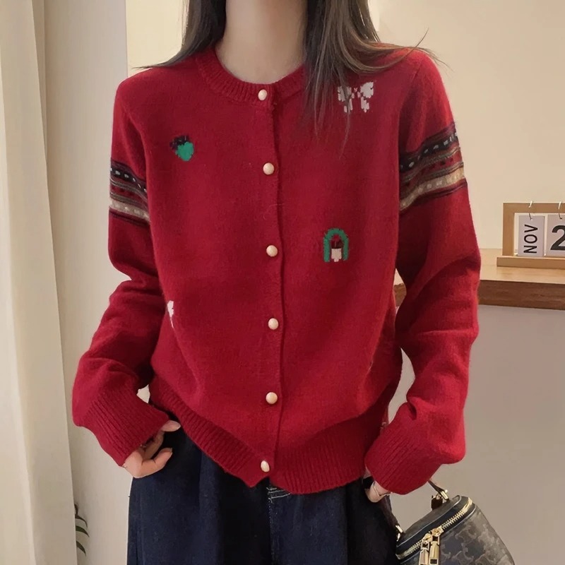 羊毛开衫女士秋冬圆领毛衣网红百搭复古红色减龄宽松打底针织外套