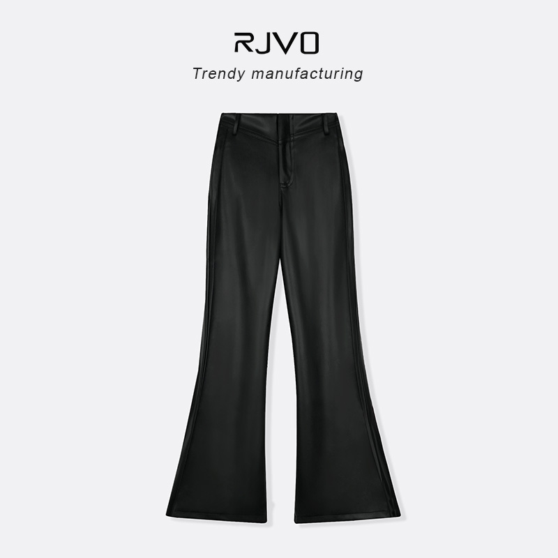 RJVO美式复古黑色PU皮裤女秋冬新款微喇显瘦百搭修身遮肉休闲裤子
