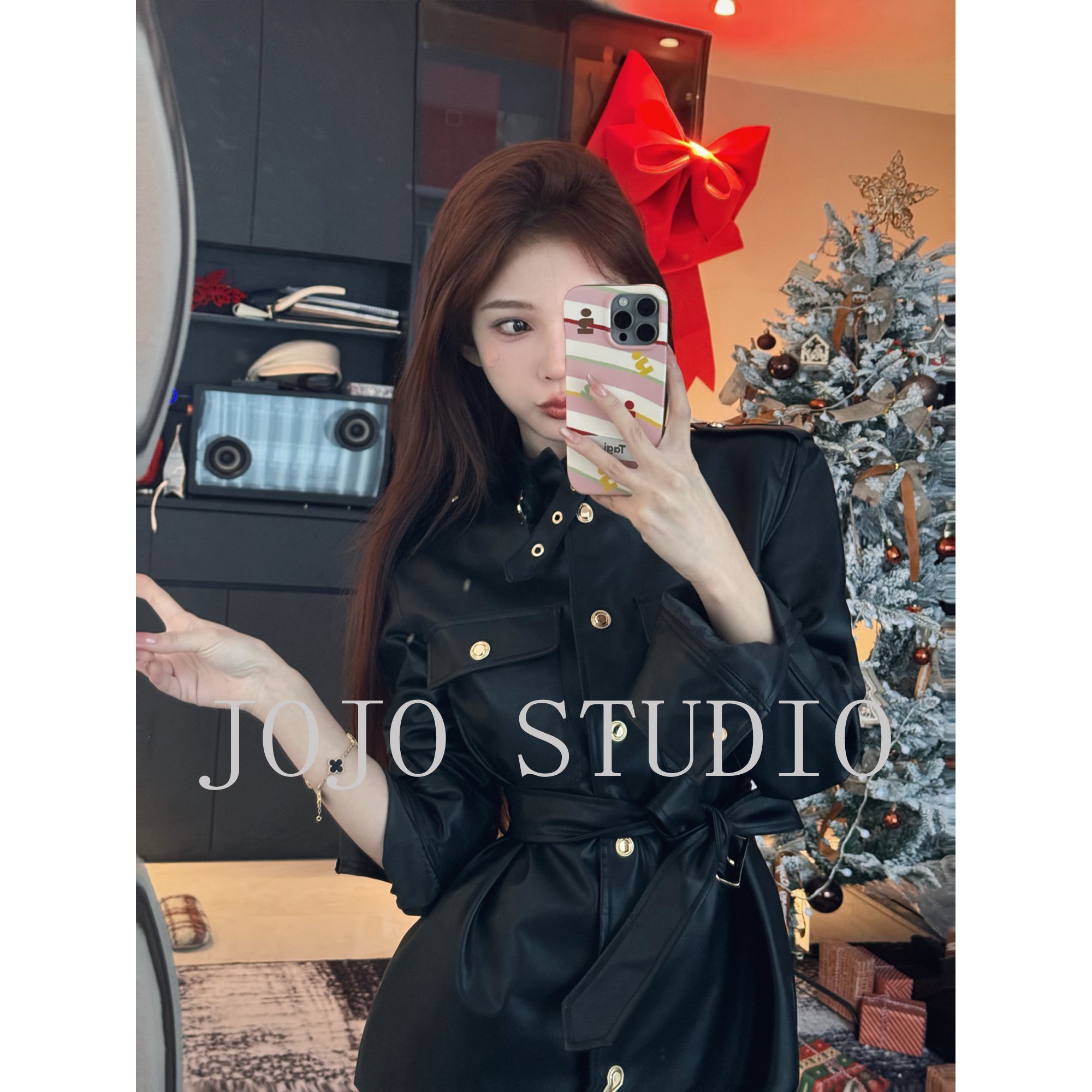 JOJO STUDIO【摩登格调】小个子原创设计款黑色长款春秋皮衣连衣裙