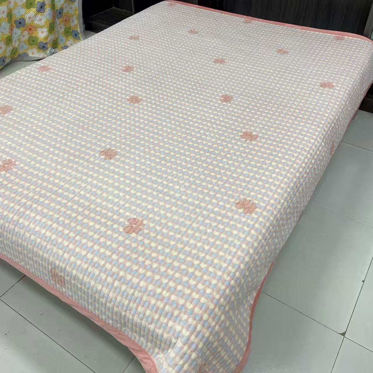 【宝宝绒床盖2.3*2.5粉色爱心蝴蝶结】透气可机洗多功能大床