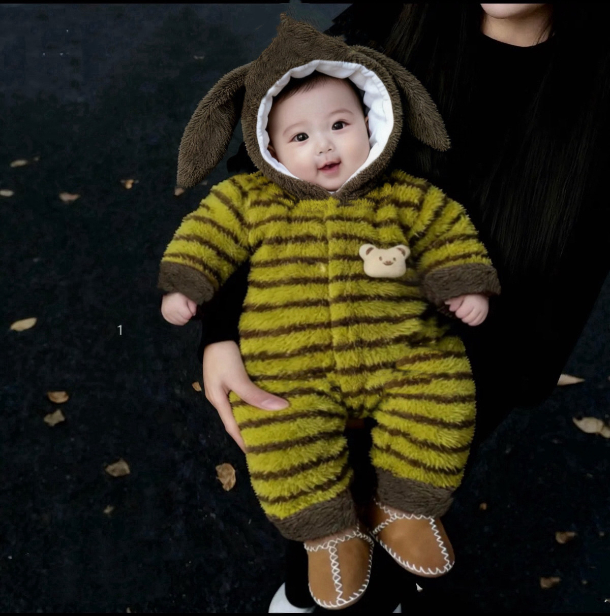 冬季带帽冬季夹棉外出服可爱风对开哈衣婴儿连体衣秋冬