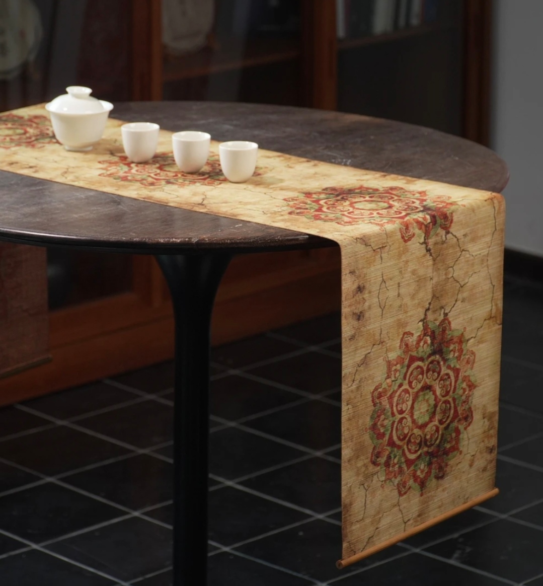 【敦煌藻井】敦煌风双面竹丝茶旗中式客厅茶室餐厅桌旗装饰茶席