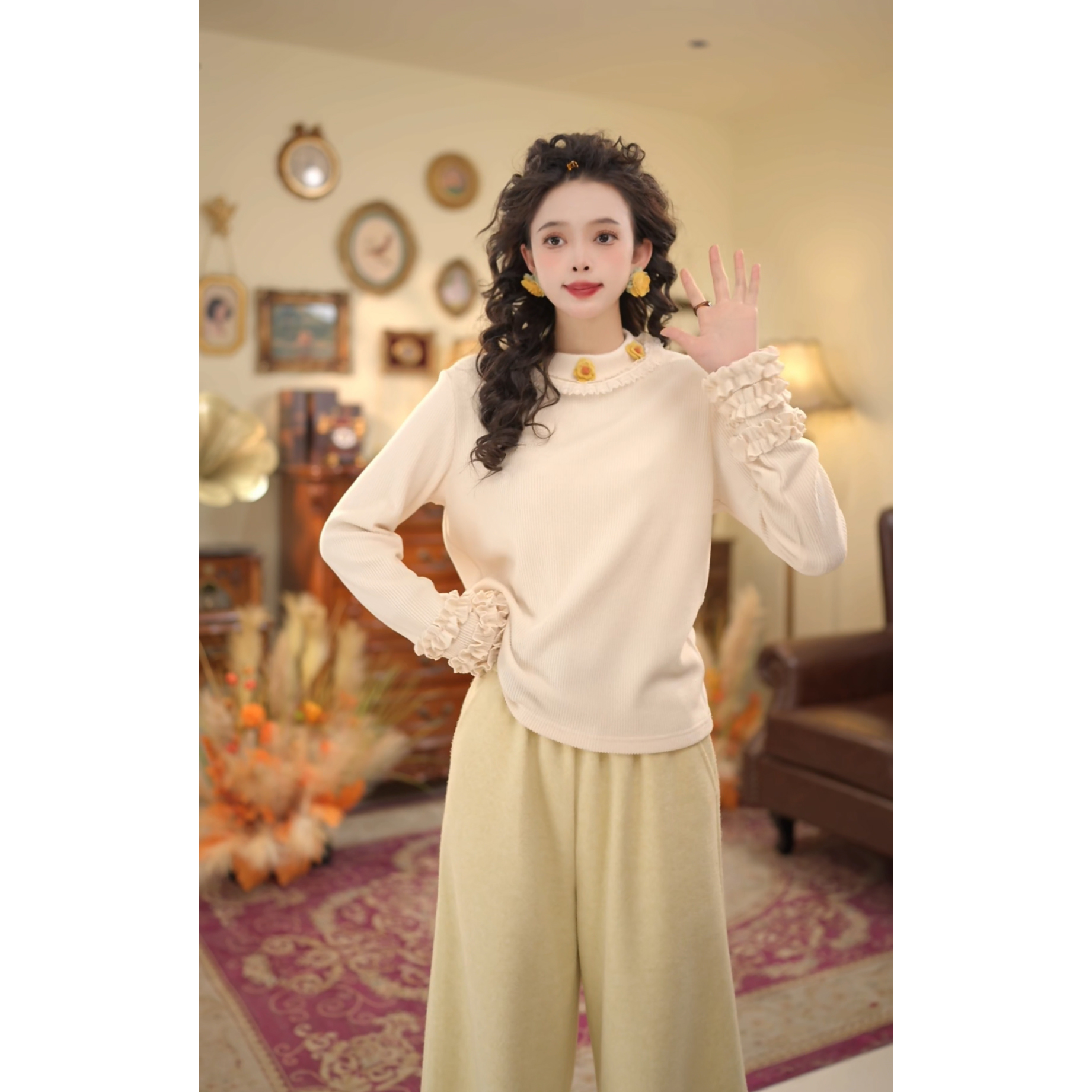 扣子家【远航灯塔】厚款磨毛拼接半高领打底衫内搭T恤KK0726460