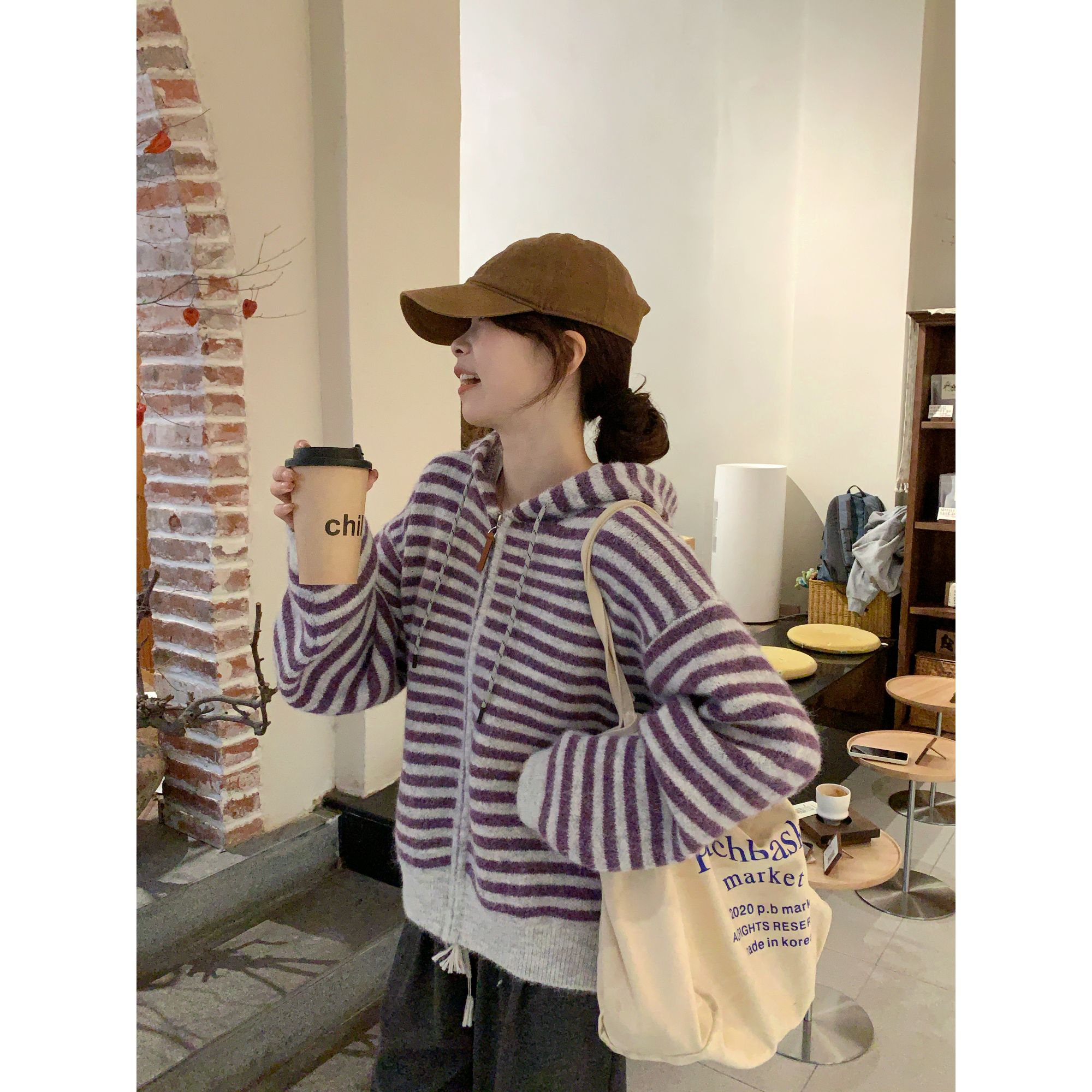 【C·Cai】紫色条纹拉链连帽毛衣125#宽松慵懒风百搭开衫外套