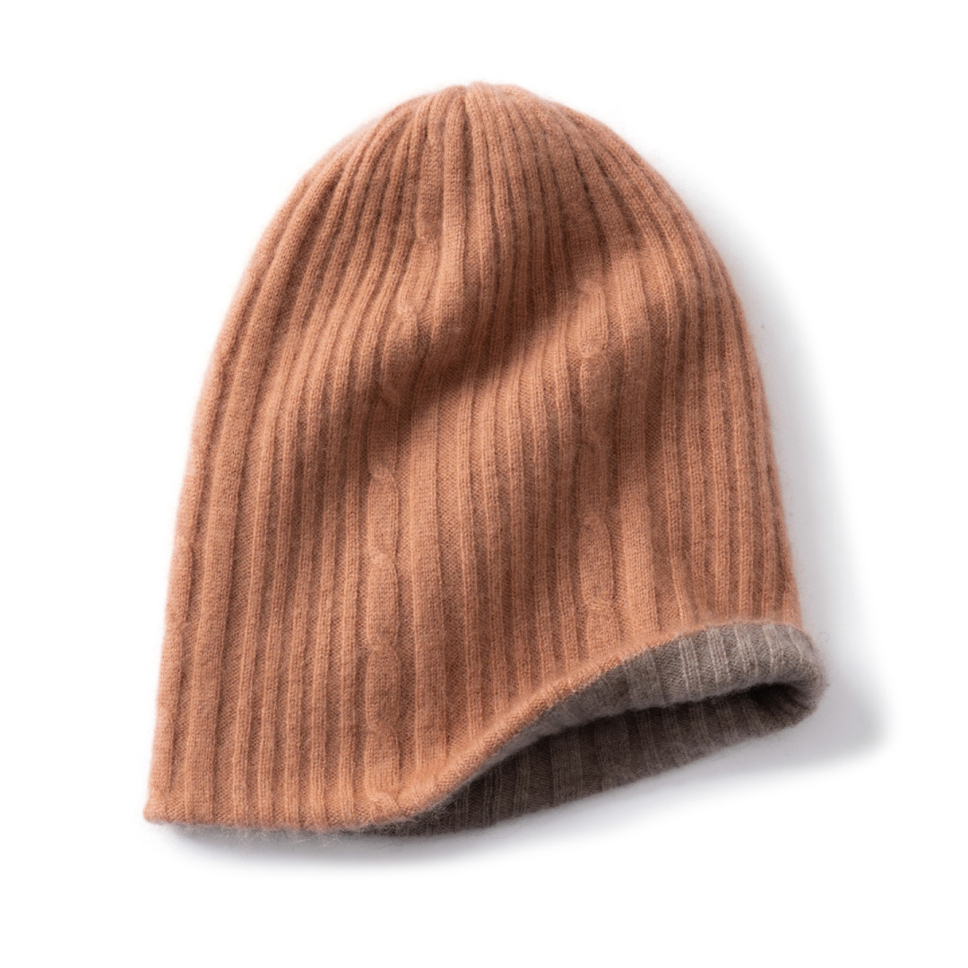 【双层双面色】山羊绒绞花包头帽子男女保暖百搭针织帽P02