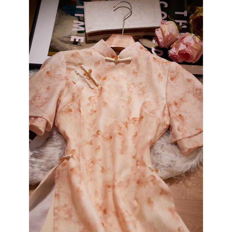 1353 【粉吟】 粉色 双袖 奥戴 旗袍