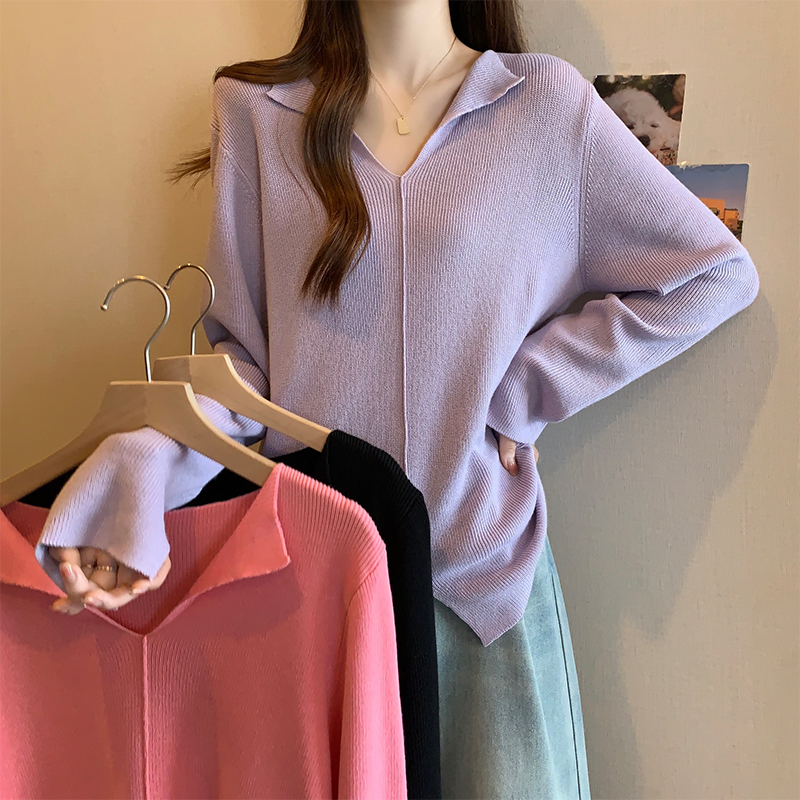 0285 大码女装秋冬新款显瘦减龄翻领针织衫胖妹妹毛上衣女 