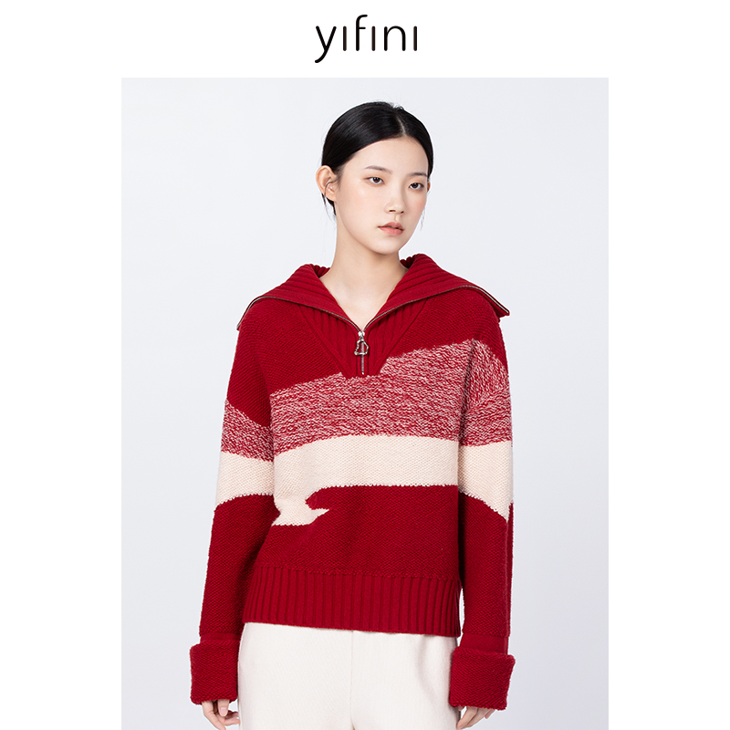 【Yifini】100%绵羊毛双色休闲百搭宽松短款毛衫B12M3964