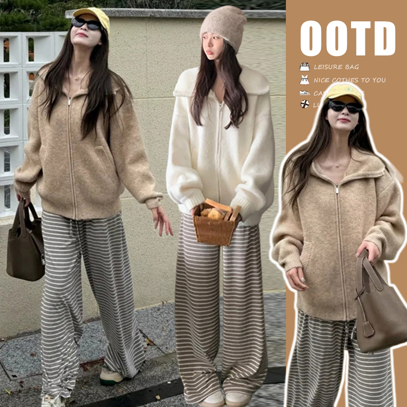 {糕糕}孕妇装2025秋冬新款韩版休闲加厚毛衣+条纹阔腿裤两件套