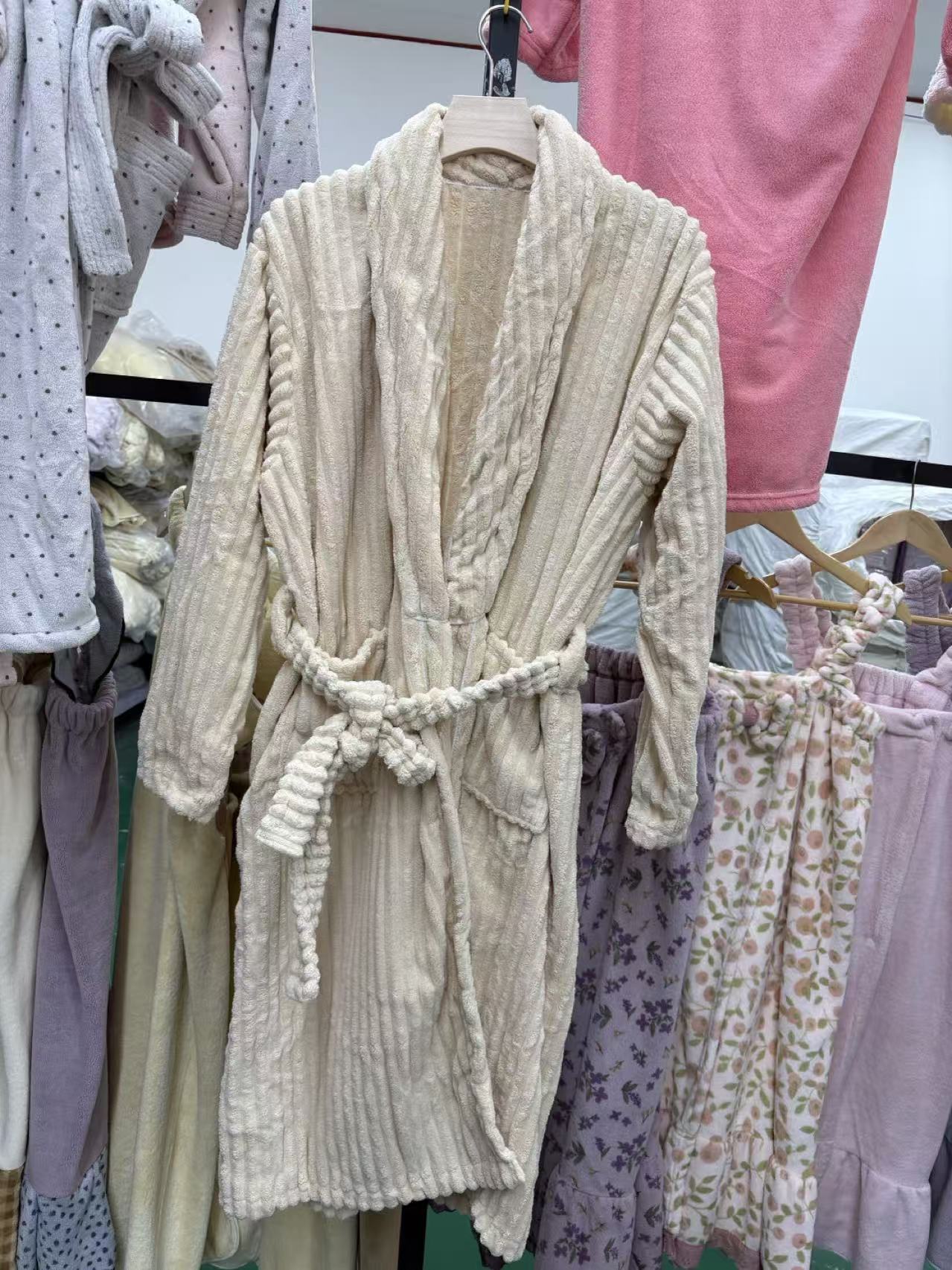 糖果条浴袍素色秋冬睡袍腰带家居风吸水好