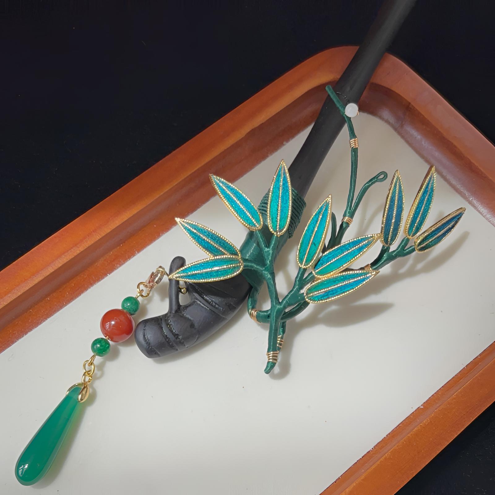 孔雀毛竹叶仿点翠发簪古风日常多宝发簪步摇流苏旗袍盘头明星同款