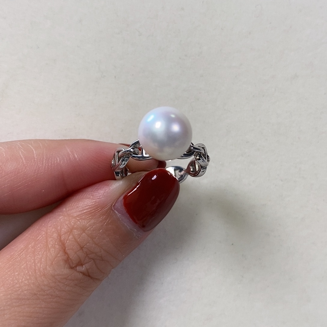 淡水珍珠戒指银S925镶嵌9-10mm极光