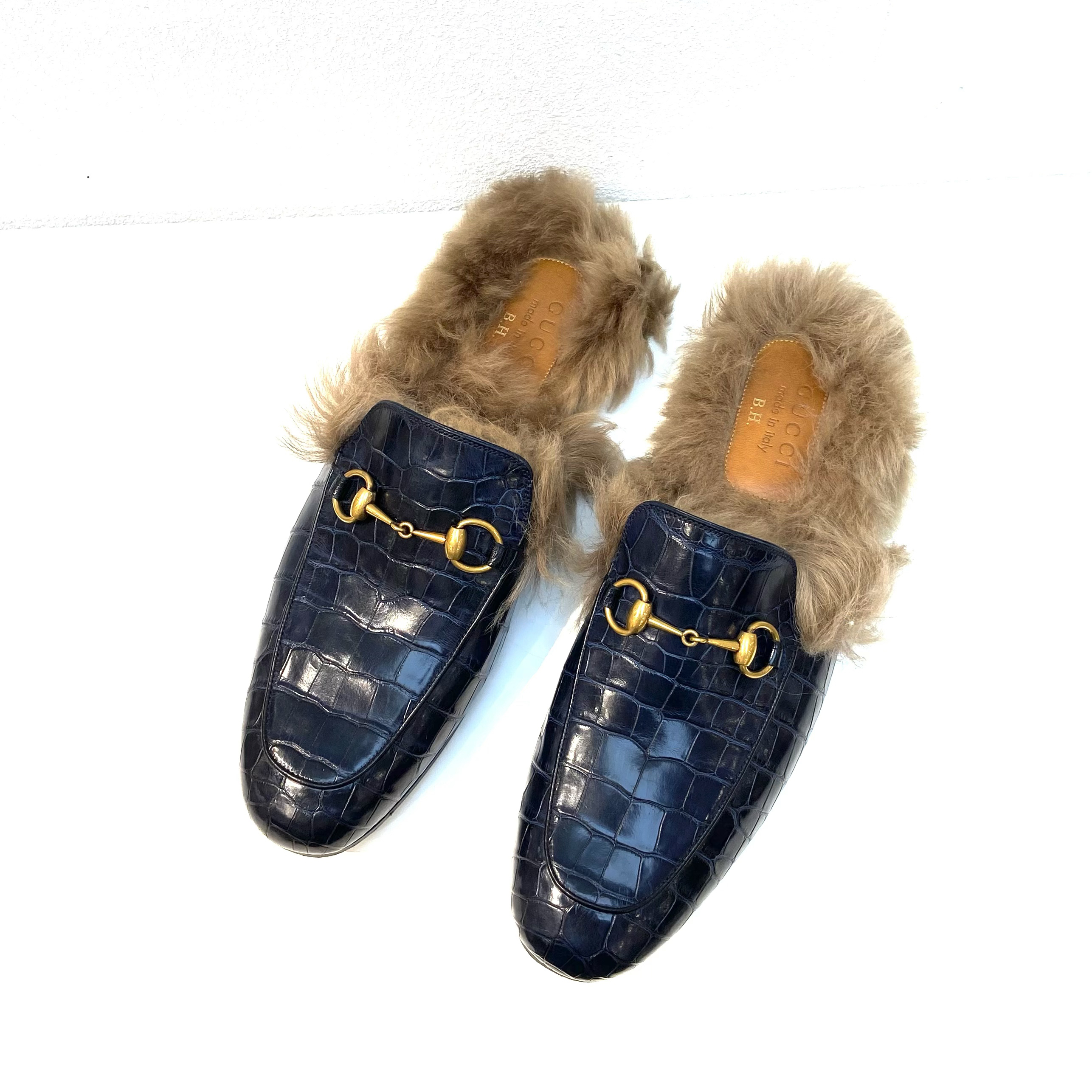 99新 GUCCI/古驰 鳄鱼皮马衔扣毛毛拖毛绒男士拖鞋44.5码2714