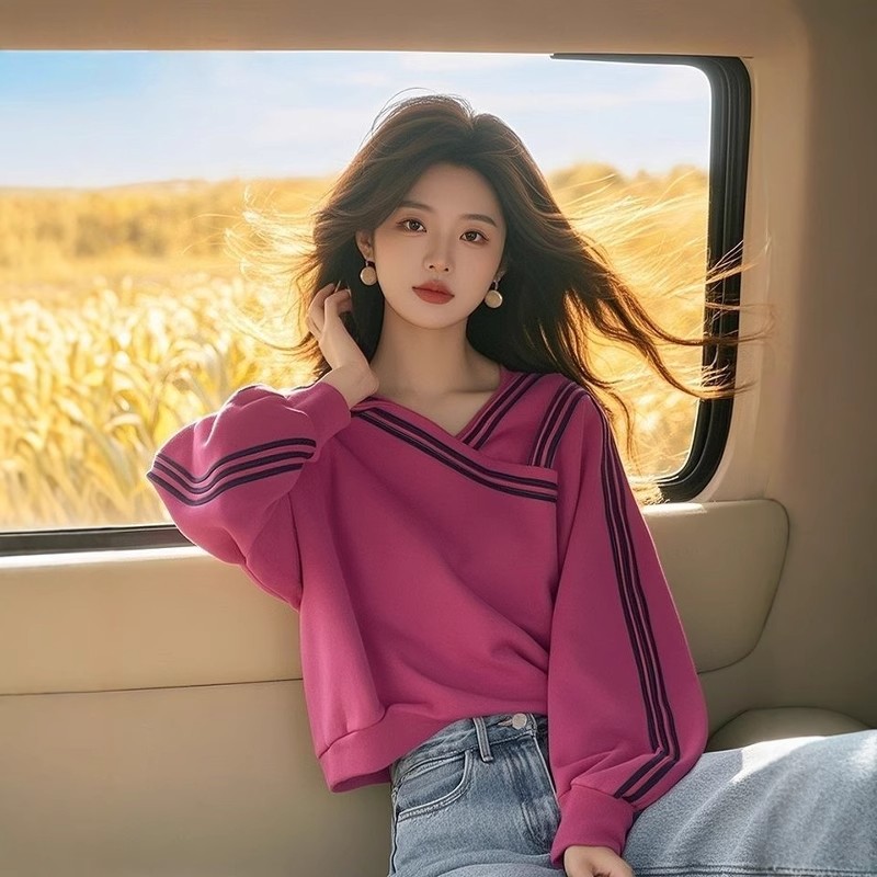 秋冬新款设计感条纹V领卫衣女复古小众别致长袖百搭显瘦爆款上衣