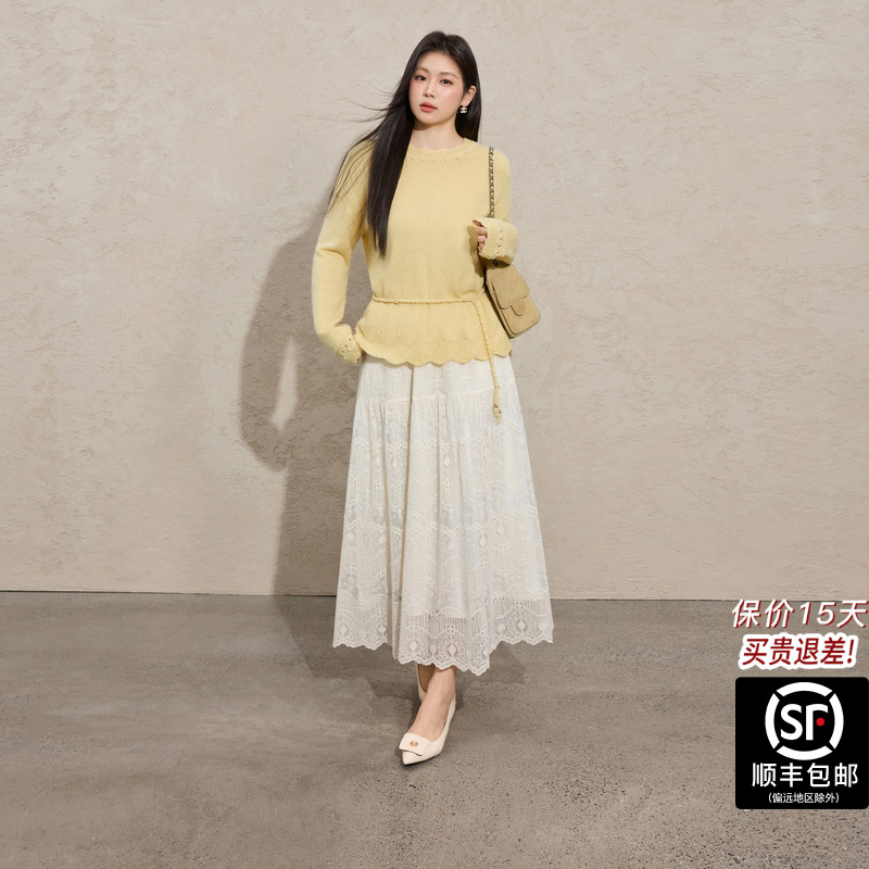 蓝语大码超仙法式甜美重工刺绣蕾丝半身裙高腰遮胯a字大摆中长裙