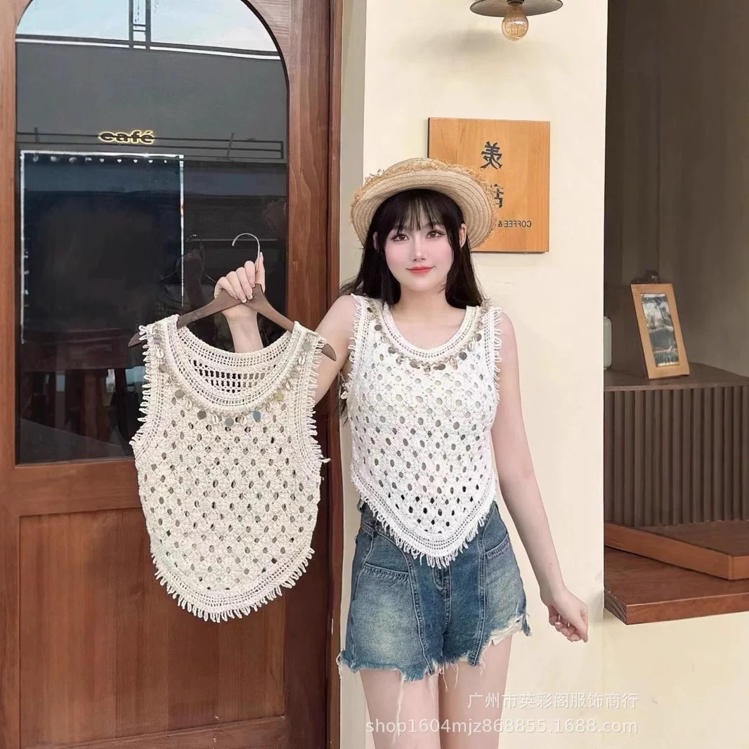 【宜宾衣世界】C82829夏季百搭时尚针织镂空宽松拼接短袖套装