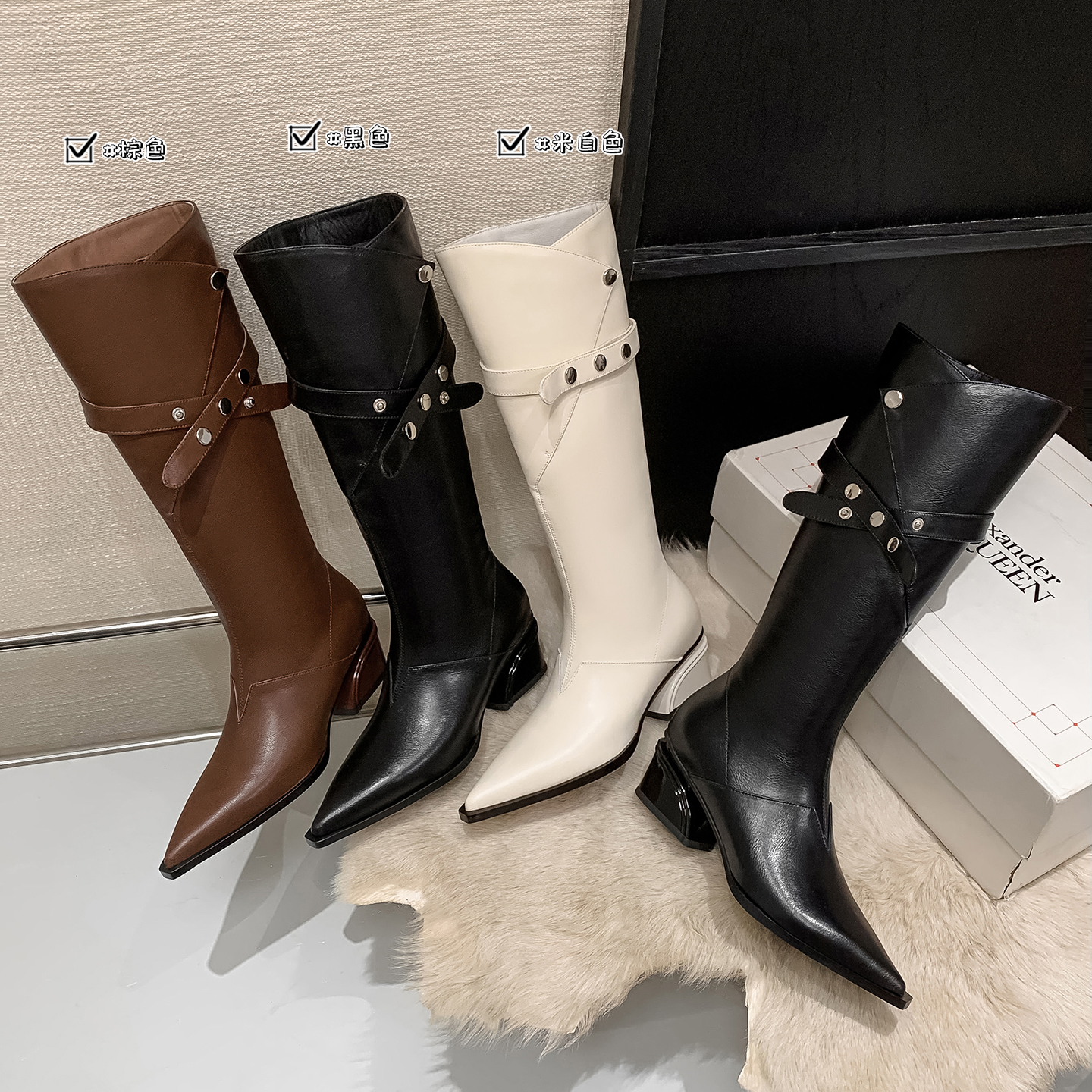 跟高5.5CM~秋冬新款尖头气质长靴时尚百搭长靴爆款法式通勤拉链