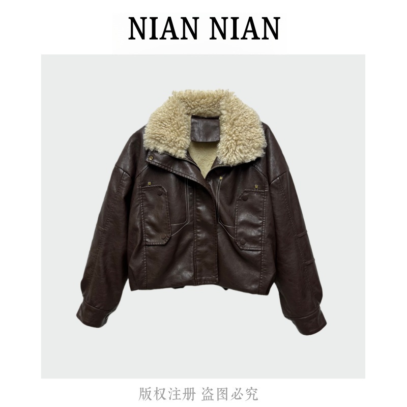 【寄俗生事】年年2025新款冬季休闲百搭气质毛领皮短款外套