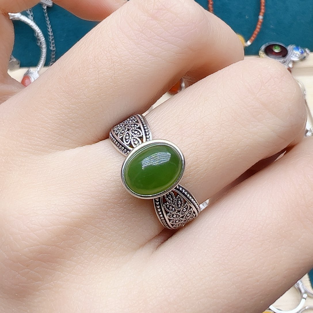 和田玉（碧玉）戒指银S925镶嵌