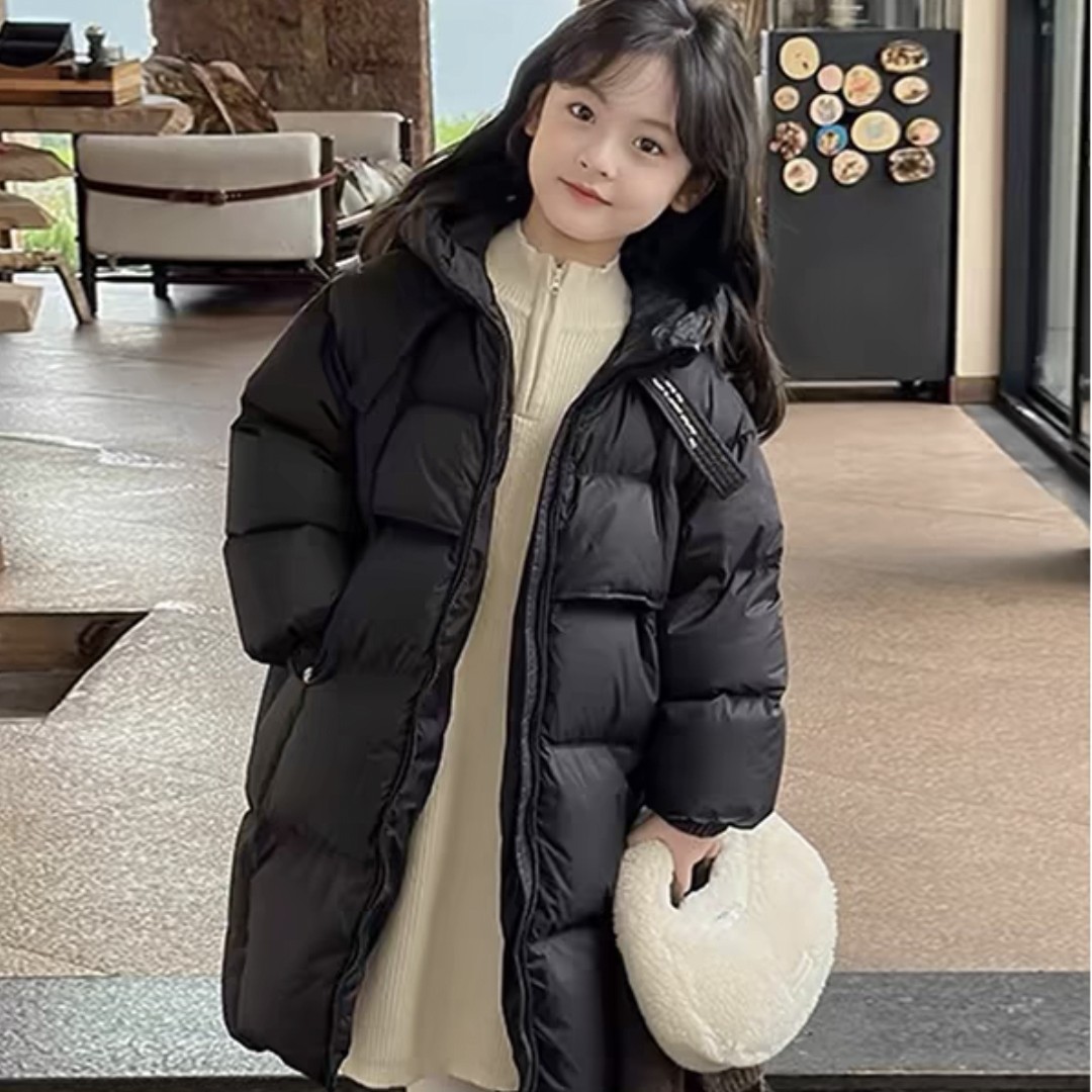 儿童羽绒服2025冬季新款港风飘带连帽中长款时尚韩版中大童外套