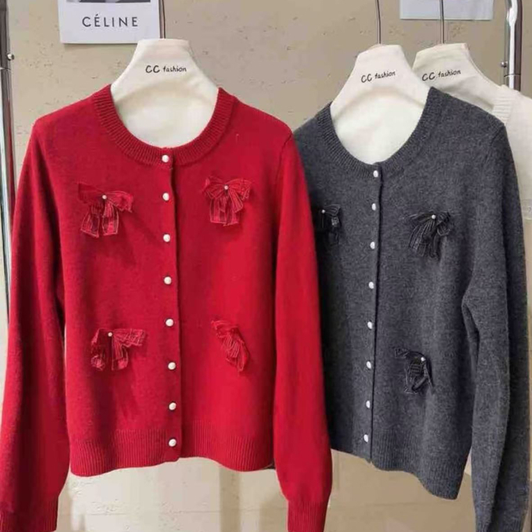 珊珊家女秋冬韩系蝴蝶结重工针织开衫上衣新款