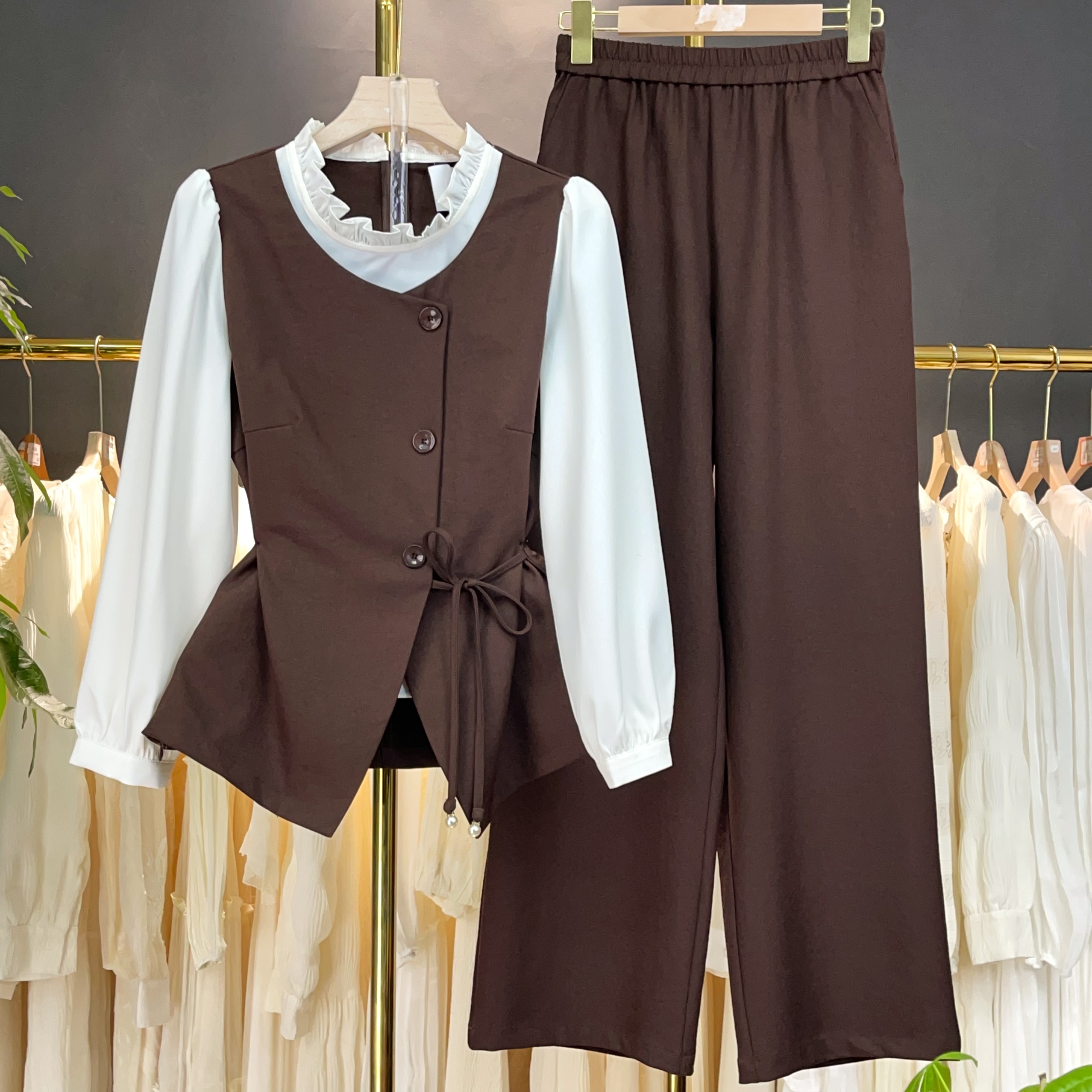 2025年新款气质长袖时尚休闲显瘦简约宽松纯色设计感套装M1013