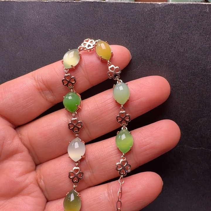 和田玉（糖玉）银S925镀金镶嵌手链