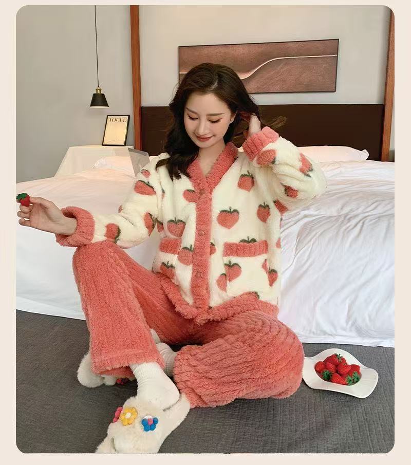 冬季睡衣女加绒加厚家居服套装