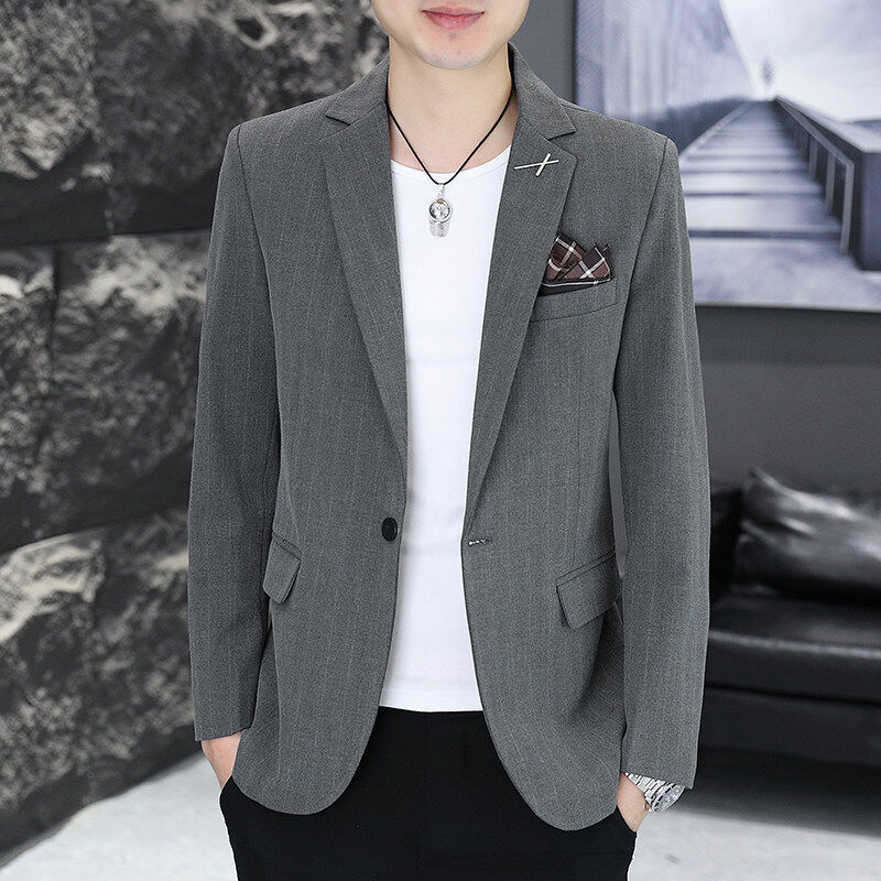 2025春季竖条纹休闲西服时尚韩版单西外套修身显瘦百搭帅气男士