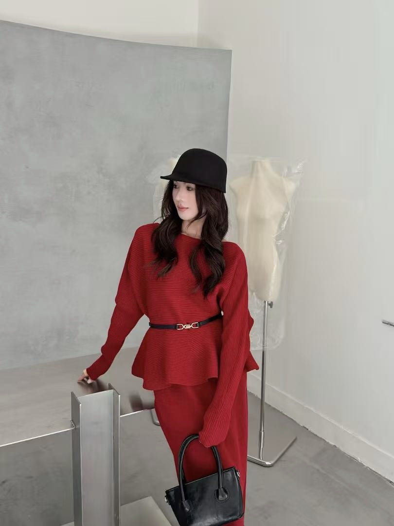 慵懒风法式千金风一字肩设计感休闲风时尚套装百搭针织打底两件套