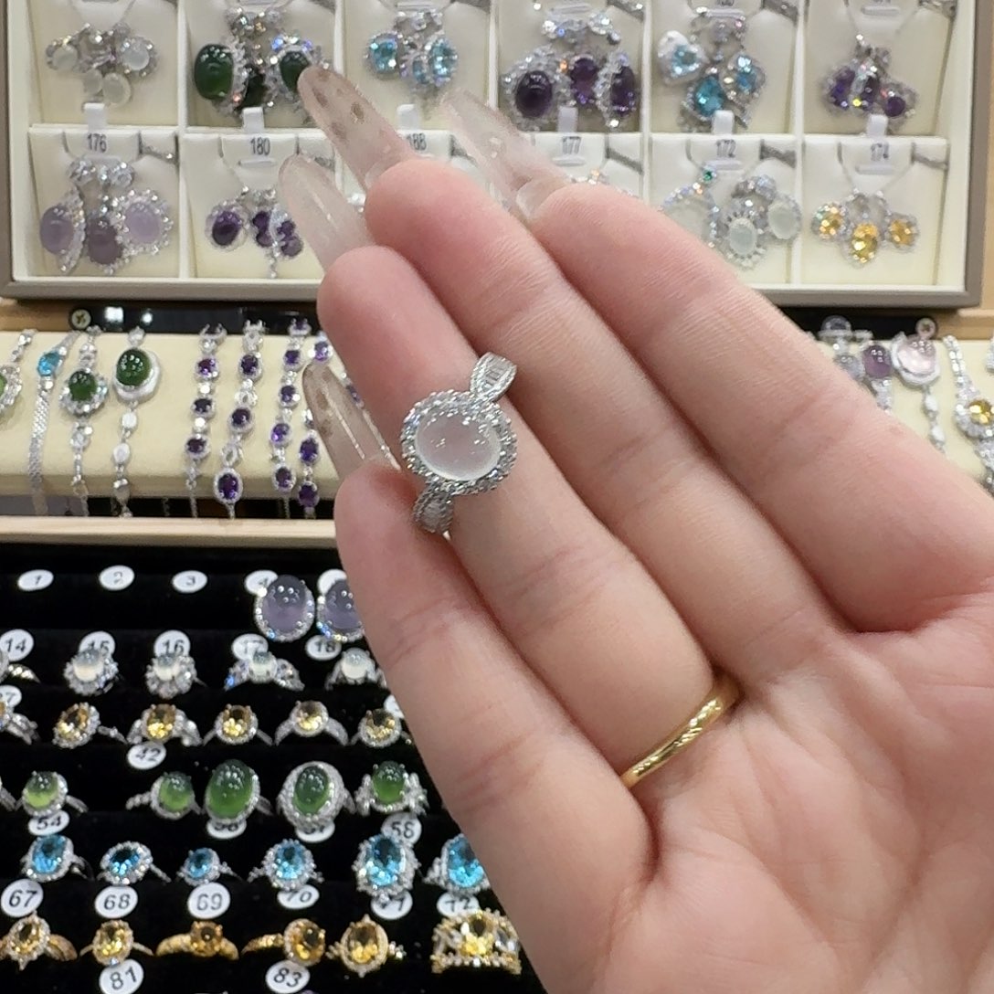 桃***阿蛇纹石玉银S925镶嵌戒指