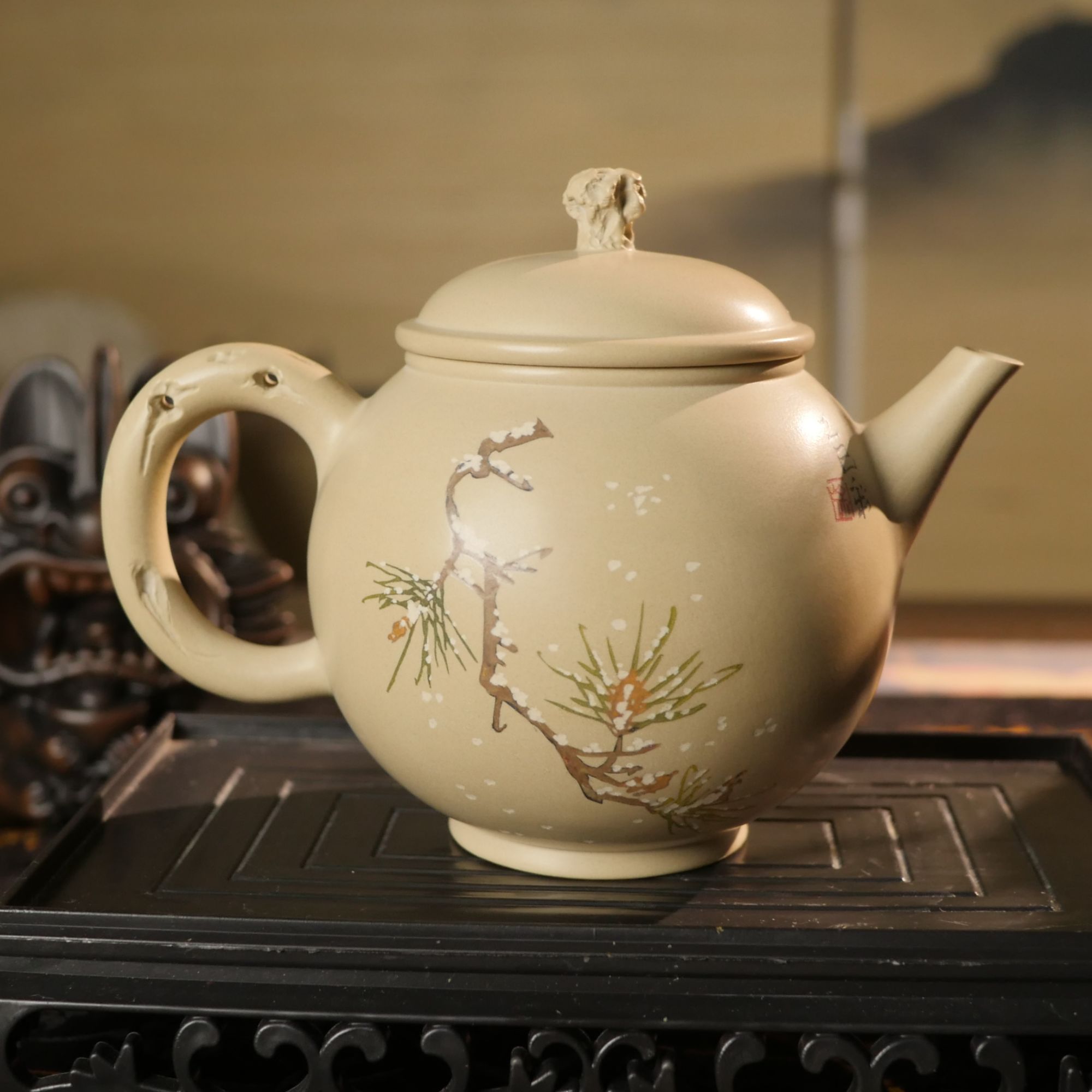 《云小陶》建水紫陶徐彩老师全手工白泥两道刻填根雕太湖石茶壶茶器